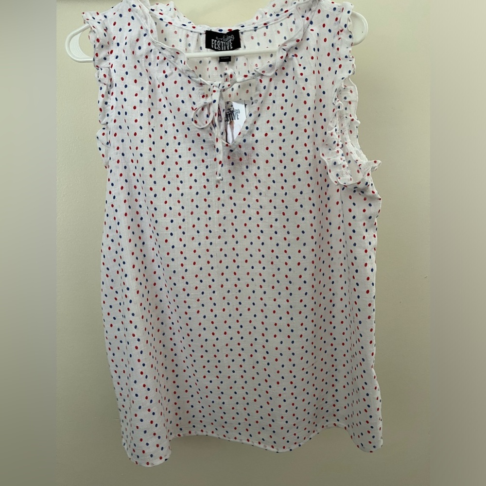 Feeling Festive Sleeveless Ruffle Trim Blouse White, Red, Blue Dots Med NWT